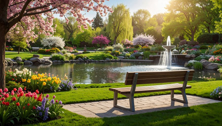 A beautiful park with a pond, fountain, bench, and a vibrant display of blooming trees and flowers in sunlight.の素材