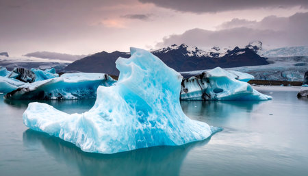 A large bright blue iceberg with a textured surface floats in calm water with misty mountains in the distance.の素材