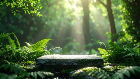 A rectangular stone platform is nestled in a sunlit forest with ferns and visible light rays.の素材