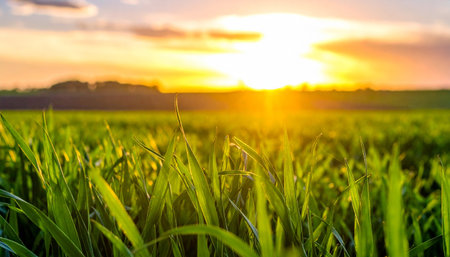 Close-up of vibrant green grass blades in the foreground, with a sunlit horizon and soft clouds in the sky.の素材