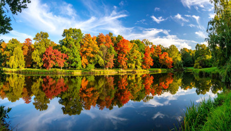 A panoramic view shows autumn trees with colorful foliage reflected in a dark, still lake under a cloudy sky.の素材