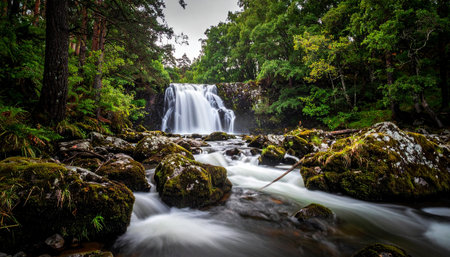 A dynamic waterfall rushes over rocks in a dense, green forest, captured with a long exposure effect.の素材