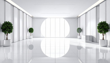 A minimalist white interior with potted plants and a large circular window casting a bright light.の素材