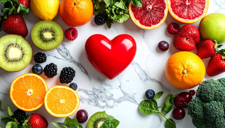 A red heart shape is positioned in the center of a circular arrangement of various fresh fruits and vegetables,...の素材