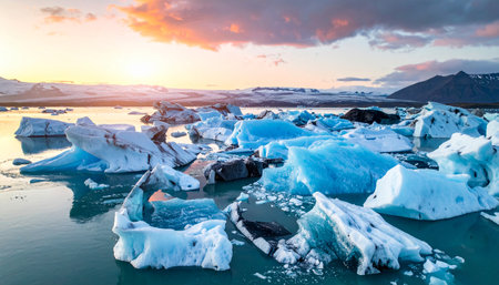 Arctic showing numerous icebergs drifting in glacial lagoon during sunset keywords: iceberg, ice, glacier, lagoon,...の素材