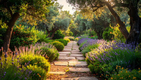A stone garden path meanders through fragrant lavender bushes and olive trees, bathed in the warm glow of golden...の素材