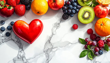 A bright red heart shape is placed on a marble surface surrounded by a variety of fresh fruits.の素材