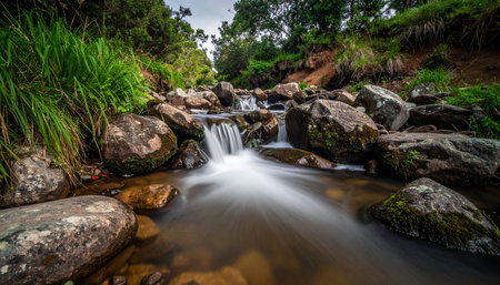 A forest stream with smooth flowing water over mossy rocks and lush green vegetation.の素材