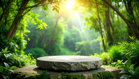 A round stone podium is set amidst lush green foliage in a sunlit forest with visible sunbeams.の素材