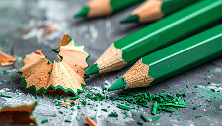 Green pencils sharpened with wood shavings and green dust scattered on a grey textured surface with shallow depth of...の素材