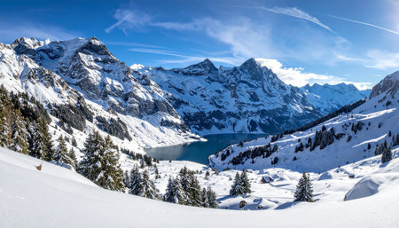 A wide view of snow-covered mountains and evergreen trees frames a tranquil lake under a bright blue sky with contrails.の素材