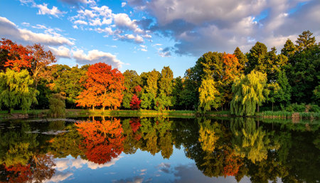 Autumn trees with vibrant red and orange foliage are reflected in a calm lake under a blue sky.の素材