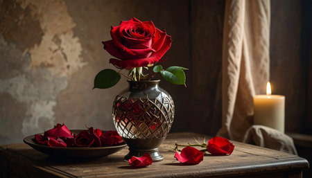 A red rose in a patterned vase sits on a wooden table with scattered petals and a lit candle.の素材