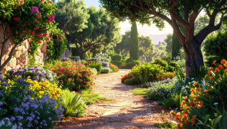 A picturesque garden path with stone steps winds through a vibrant display of diverse blooming flowers under a sunny...の素材