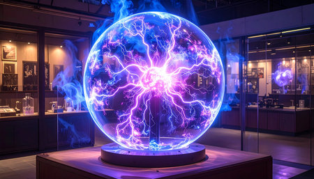 A plasma ball crackles with blue and purple electric arcs, displayed in a museum setting with surrounding exhibits.の素材