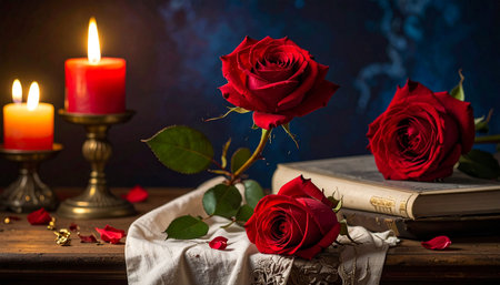 Red roses, lit candles, and books are arranged on a table with scattered petals in soft light.の素材