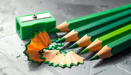 Green pencils and a green pencil sharpener with wood shavings and green dust scattered on a grey textured surface.の素材