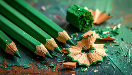 Close-up of green colored pencils with wood shavings and a green sharpener. Clear details and vibrant colors enhance ...の素材