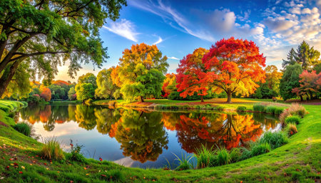 Autumn trees with vibrant red and orange foliage reflect in a calm lake under a blue sky.の素材