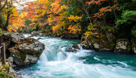A vibrant turquoise river flows over a waterfall surrounded by colorful autumn foliage and mossy rocks.の素材