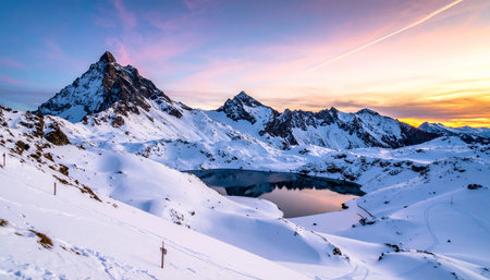 Snow-covered mountains and a calm lake reflect the vibrant colors of a sunset sky.の素材