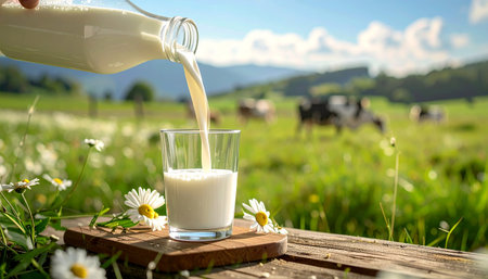 Fresh milk pours into a glass on a wooden table with cows grazing in a sunny green field.の素材