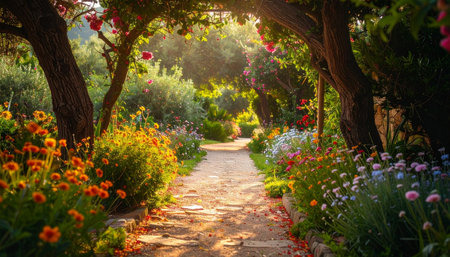 A sun-drenched garden path winds through lush greenery, bordered by vibrant orange and pink flowers under arching trees.の素材