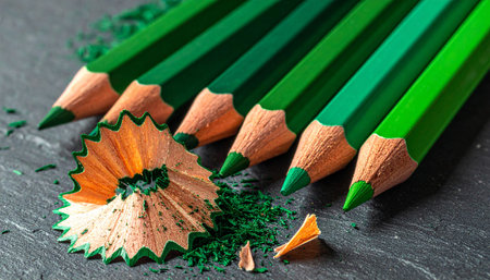 A row of sharp green colored pencils with wood shavings on a dark textured surface.の素材