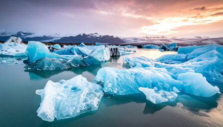 A pastel sunset sky casts soft colors over a glacial lagoon filled with luminous blue icebergs and their reflections.の素材