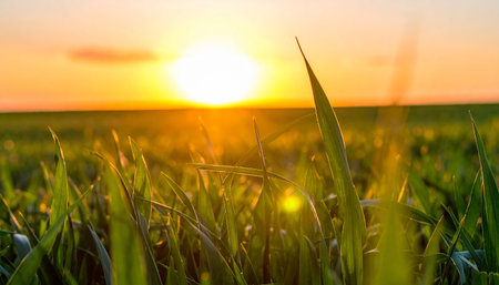 Close-up of green grass blades with a warm sunset glow and sun rays creating lens flare.の素材