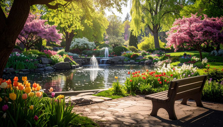 A wooden park bench is set in a vibrant spring garden with a pond, fountain, and a profusion of colorful blooming...の素材
