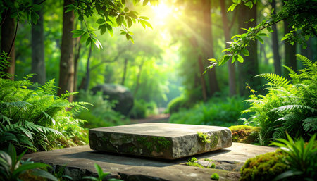 A rectangular stone slab is placed on a forest floor with sunbeams shining through overhanging branches and foliage.の素材