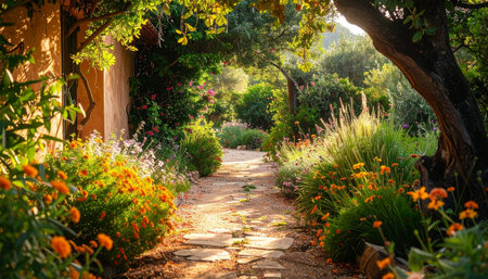 A sunlit garden path runs alongside a terracotta building, bordered by bright orange flowers and verdant plants.の素材