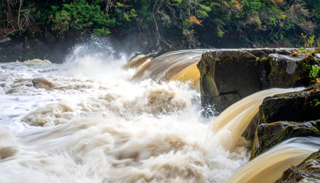 A powerful waterfall cascades over dark rocks with white spray and mist in a lush forest setting during autumn.の素材