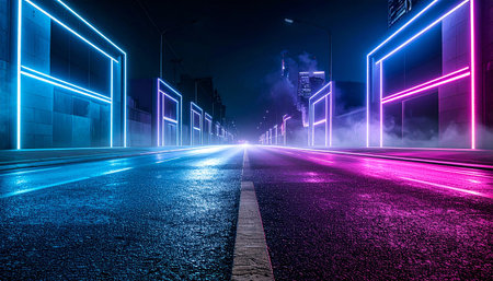 A wet asphalt road at night is illuminated by pink and blue neon geometric light structures and wisps of smoke.の素材