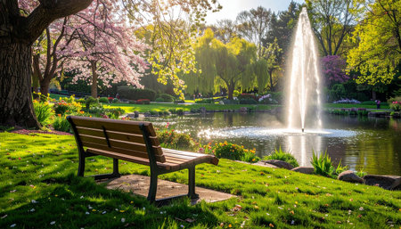A wooden bench faces a pond with a fountain, bathed in sunlight amidst lush green parkland and trees.の素材