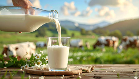 Milk is poured into a glass on a wooden table with daisies and grazing cows in the background.の素材
