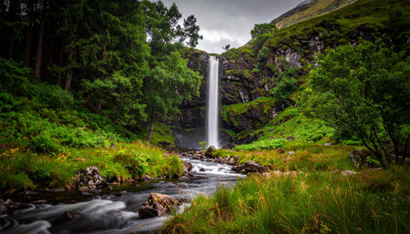 A tall waterfall plunges into a flowing river in the Scottish Highlands, surrounded by green trees and hills.の素材