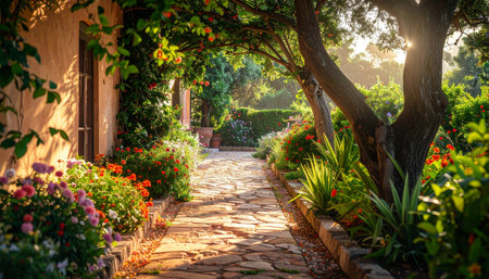 A stone pathway meanders through a sunlit garden filled with colorful flowers and lush plants beside an old building.の素材