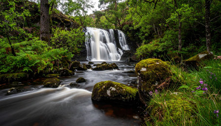A wide waterfall flows over dark rocks in a dense forest, with moss-covered boulders and purple flowers in the...の素材
