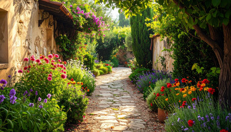 A stone-paved garden path is bordered by vibrant flowers and old stone walls under dappled sunlight.の素材