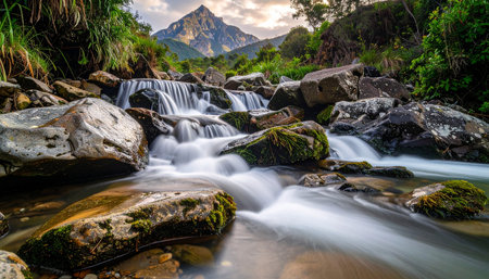 A mountain peak looms over a rocky stream with multiple small waterfalls and lush vegetation.の素材