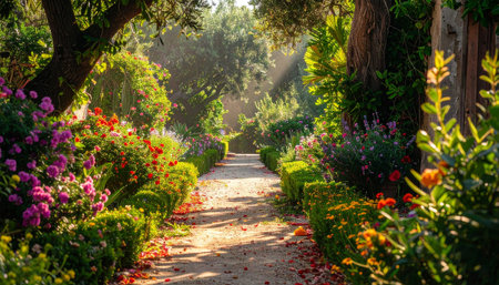 A sunlit garden path is bordered by vibrant blooming flowers and neatly trimmed green hedges, with fallen rose...の素材