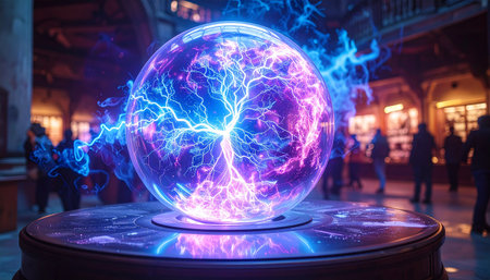 A vibrant plasma orb with electric arcs and wisps of smoke against a softly blurred background.の素材