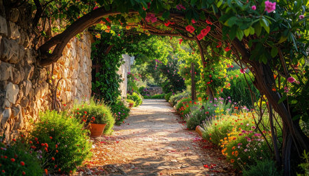 A stone wall garden features a lush green archway adorned with pink roses, leading to a winding pathway.の素材