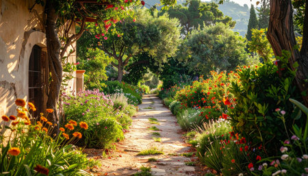 A sunlit stone pathway winds through a vibrant Mediterranean garden filled with colorful blooming flowers and lush...の素材