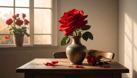 A single red rose in a vase sits on a wooden table bathed in soft window light with scattered petals.の素材