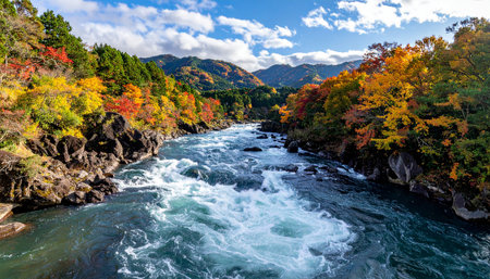 A wide view of a turbulent river flowing through a mountain valley with colorful autumn trees and a cloudy sky.の素材