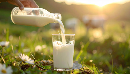Milk pouring into a glass in a green grassy field with sun flares and daisies. Clear details and vibrant colors enhan...の素材
