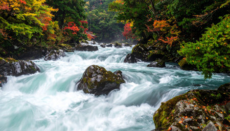 A river with silky smooth water flows over mossy rocks, surrounded by vibrant autumn foliage in a serene natural...の素材